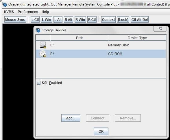 image:Capture d'écran illustrant le stockage connecté Oracle ILOM Remote Console