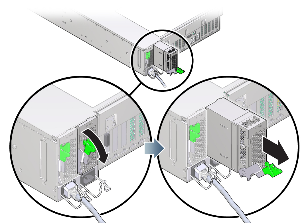 image:サーバーから電源装置を取り外す方法を示す図。