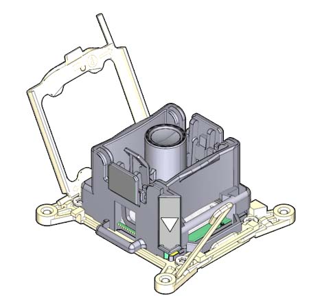 image:CPU ソケットの上にある CPU 工具を示す図。