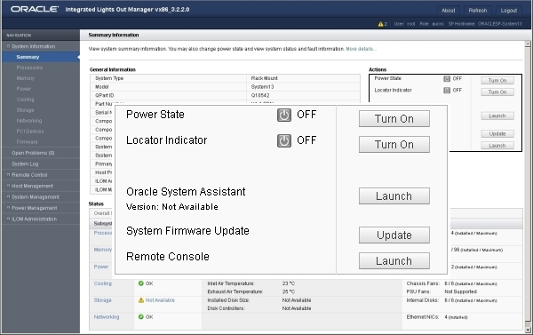 image:Oracle ILOM の「Actions」ペインを示す図。