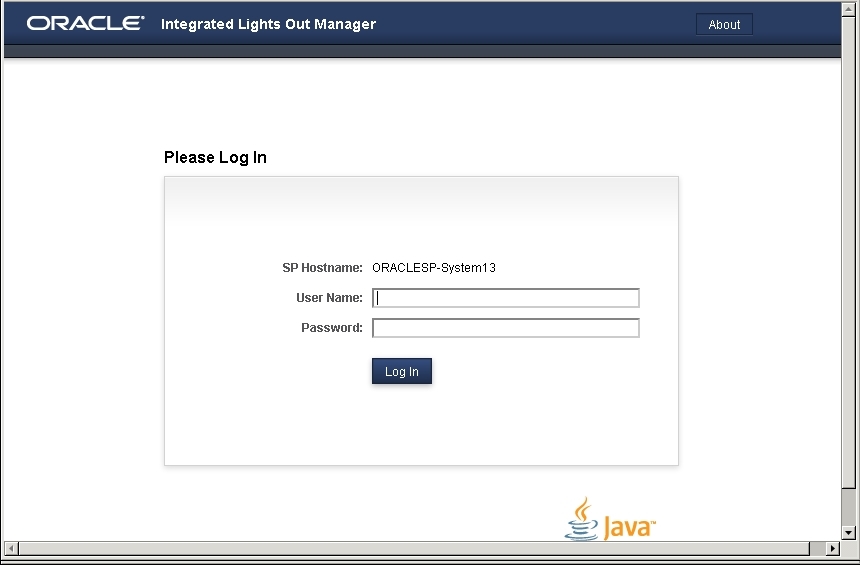 image:Oracle ILOM のログイン画面を示すスクリーンショット。