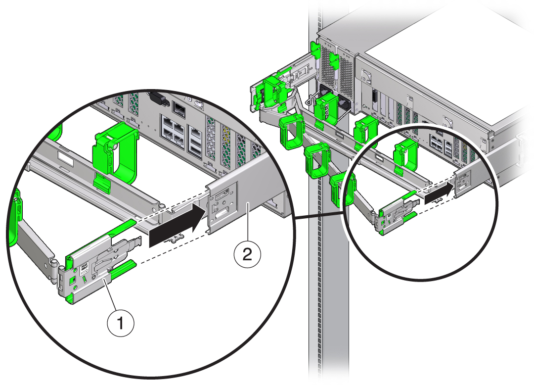 image:오른쪽 슬라이드 레일 후면에 CMA 슬라이드 레일 커넥터를 삽입하는 방법을 보여주는 그림입니다.