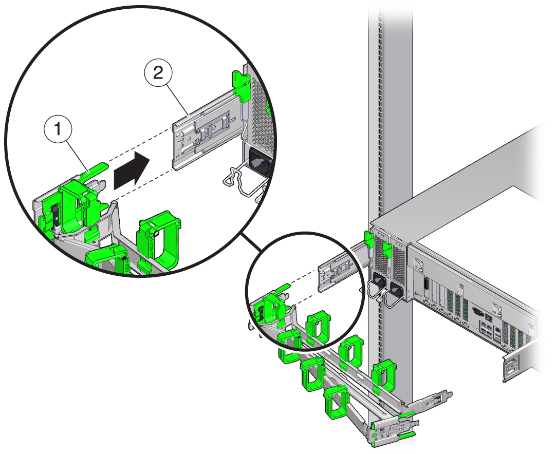 image:왼쪽 슬라이드 레일 후면에 CMA 슬라이드 레일 커넥터를 삽입하는 방법을 보여주는 그림입니다.