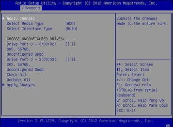 image:Advanced 화면 아래에서 BIOS Drive Selection 메뉴를 보여주는 그림입니다.