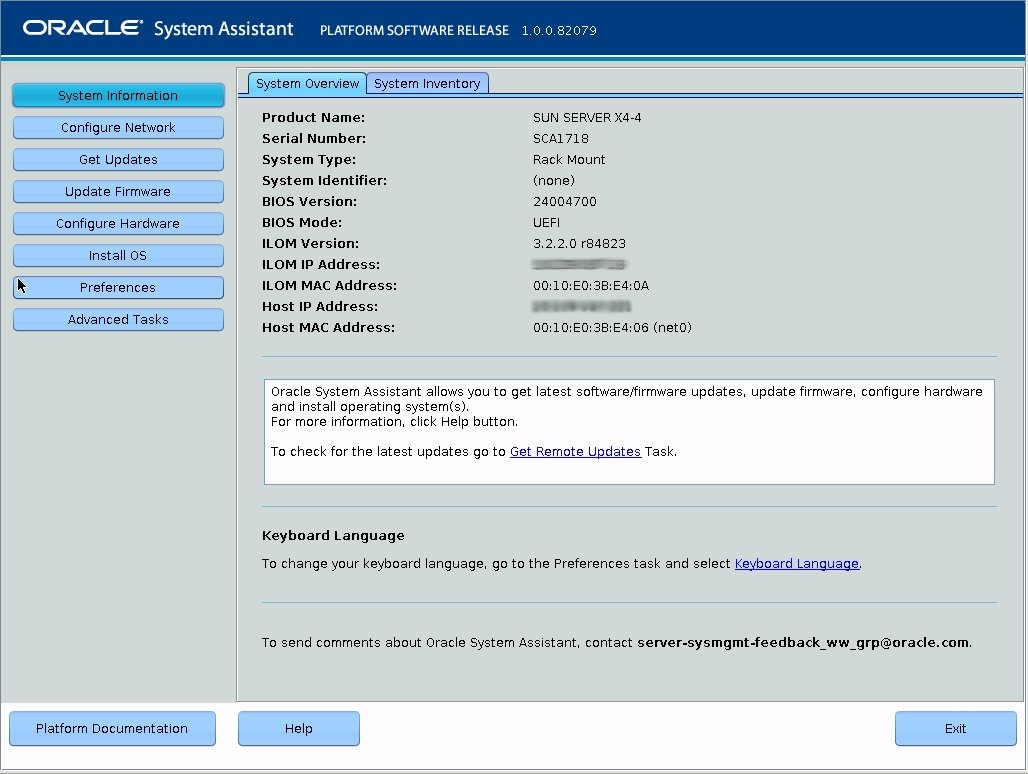 image:Oracle System Assistant 주 화면을 보여주는 화면 캡처입니다.