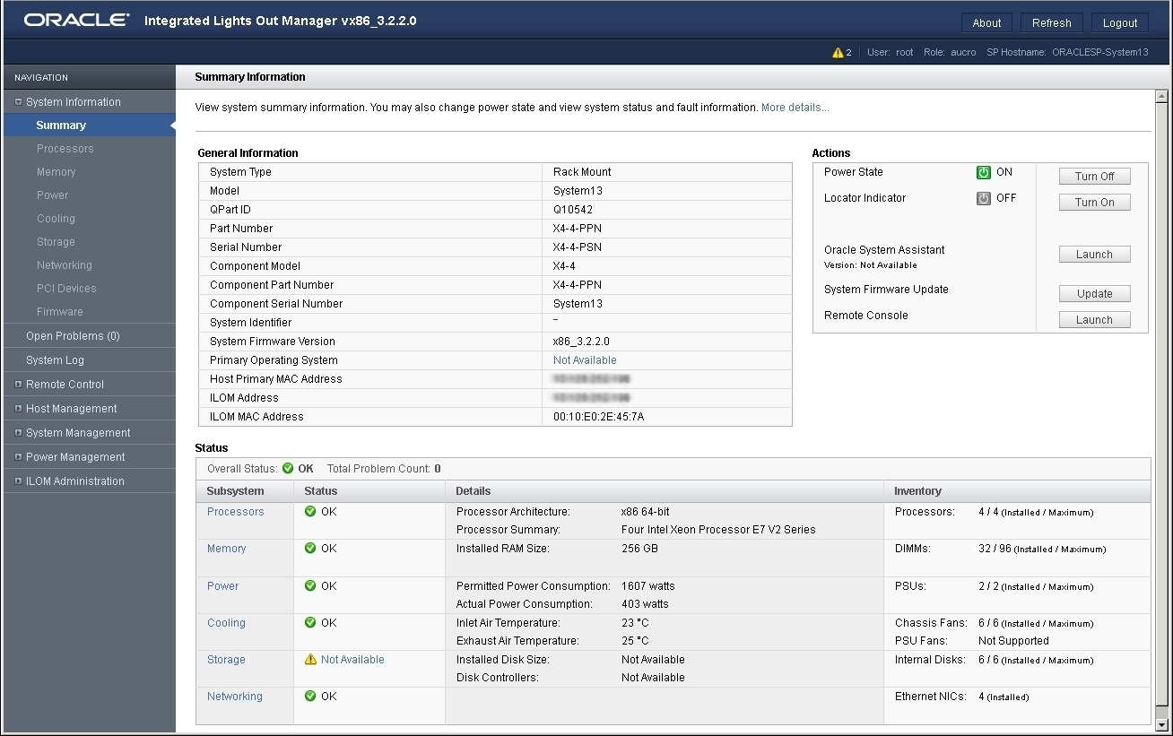 image:Oracle ILOM Summary 화면을 보여주는 화면 캡처입니다.