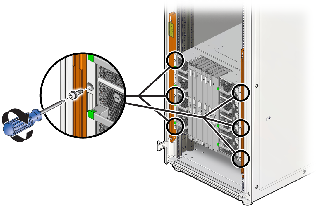 image:Figure showing how to secure the front of the stand-alone server to                             the front rails using six M6 screws.