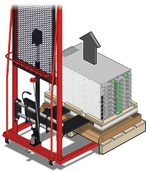 image:Figure showing how to lift a stand-alone server using a                                     mechanical lift with forks.