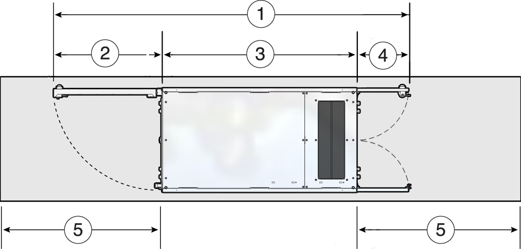 image:Figure showing the installation and service area dimensions of the                         Oracle Rack Cabinet 1242.