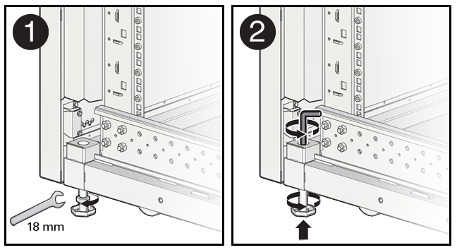 image:Figure showing how to raise the leveling feet in an Oracle Rack                                 Cabinet 1242.