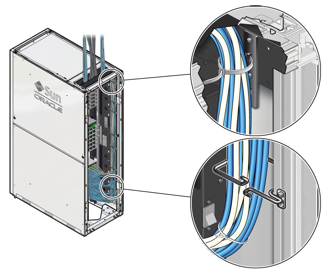 image:Figure showing how to route data cables through the cable                                 management hooks in a rack cable channel.