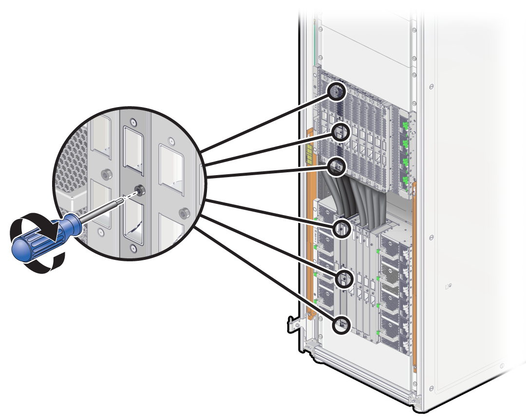 image:Illustration that shows how to secure the external interconnect                             assembly to the chassis.
