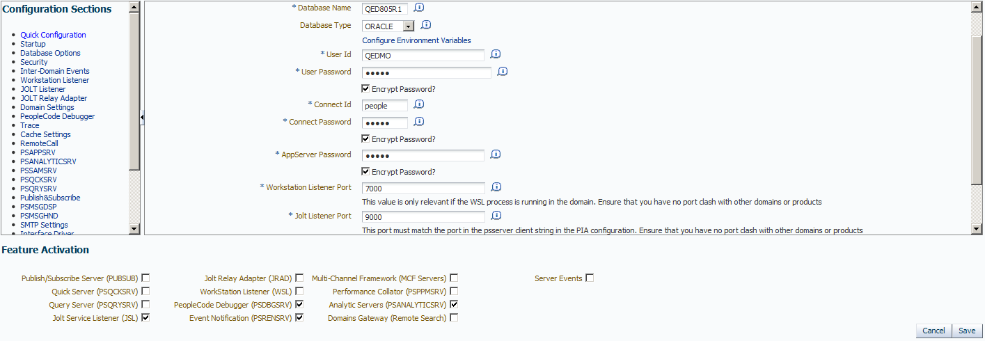 PS Application Server Domain Targets - Quick Configuration page