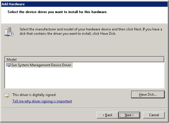 image:「Sun System Management Device Driver」をオプションとして表示するハードウェアウィザードの画面。