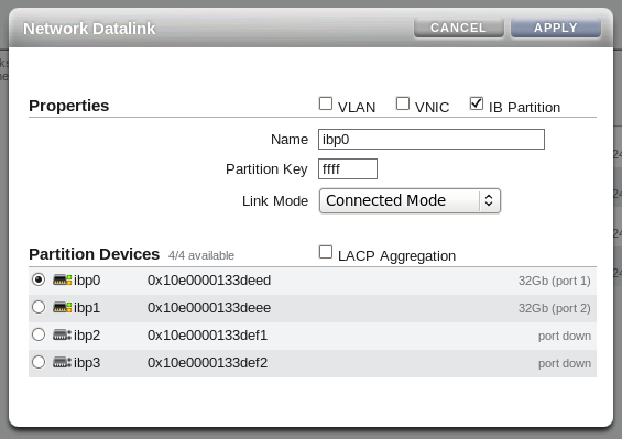 Figure showing ZFS Storage Appliance datalink configuration for InfiniBand. The illustration shows the IB Partition option is checked, the Name field contains the value ibp0, the Partition Key field contains ffff and the Link Mode is set to Connected Mode. The datalink is attached to Partition Device ibp0.