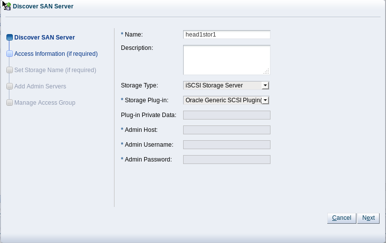 Figure showing the Discover SAN Server wizard in Oracle VM Manager. Note that the Oracle Generic SCSI Plugin is selected.