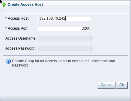 Figure showing the Create Access Host dialog in Oracle VM Manager. Use this dialog to add an access host for each IP address configured for each IB interface on the ZFS Storage Appliance.