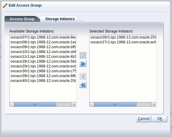 Figure showing the Edit Access Group dialog in Oracle VM Manager. The initiators that are configured on the ZFS Storage appliance are added to the Selected Storage Initiators for the Access Group.