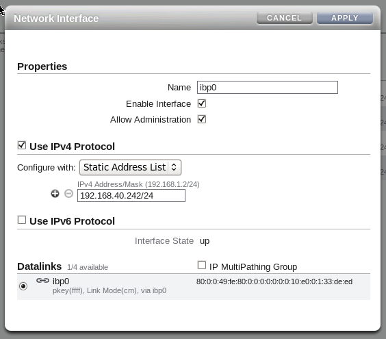 Figure showing ZFS Storage Appliance interface configuration for InfiniBand. The illustration shows the interface configured with default options. An IP address has been added to the interface. In this illustration, the IP address shown is 192.168.40.242/24. The interface is attached to a datalink and the IP Multipathing Group option is unchecked.