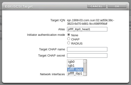 Figure showing ZFS Storage Appliance iSCSI target configuration for InfiniBand. The illustration shows the dialog to add an iSCSI target. Enter an alias that indicates the interface and controller head that the target belongs to and attach it to the appropriate network interface.