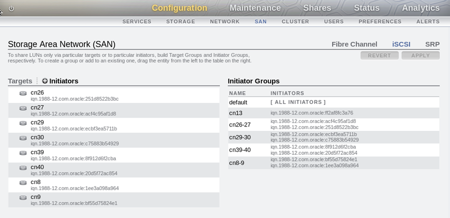 Figure showing ZFS Storage Appliance iSCSI initiator and initiator group configuration for InfiniBand. The illustration shows examples of initiators configured for some compute nodes and various initiator groups defined.