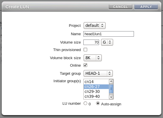 Figure showing ZFS Storage Appliance Create LUN dialog. A LUN is configured for the target and initiator groups created in the previous steps.