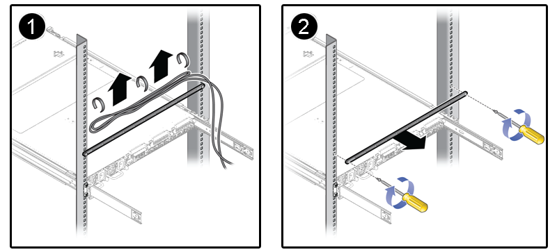 This figure shows the lacer bar being removed from an empty rack unit prior to the installation of an expansion compute node.