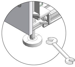 This figure shows the rack being secured using the leveling feet.