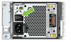 Figure showing the circuit breaker on the left-side power supply of the Sun ZFS Storage Appliance