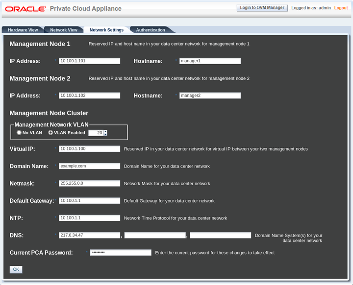 Screenshot showing the Network Setup tab of the Oracle Private Cloud Appliance Dashboard.