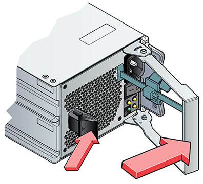 image:gráfico en el que se muestra cómo extraer un módulo de fuente de alimentación de un estante de discos DE2