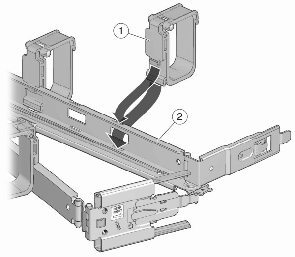 image:フック & ループストラップのケーブル管理構成部品への取り付けを示す図