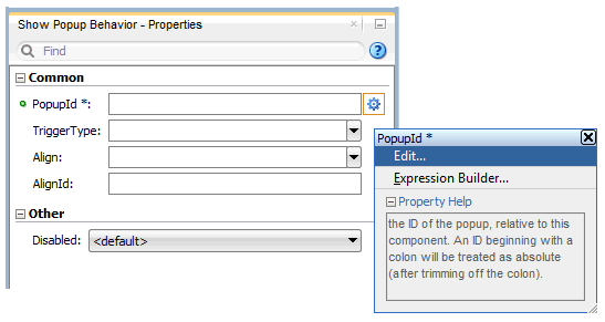 プロパティ・インスペクタでPopupIdプロパティのEditを選択
