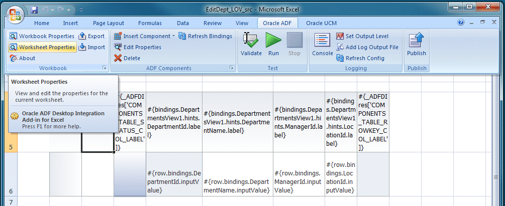 Excelリボンに表示されたOracle ADFタブ