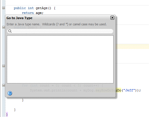 ソース・エディタ上に重ねて表示された小さい'Go to Java Type'ウィンドウ。