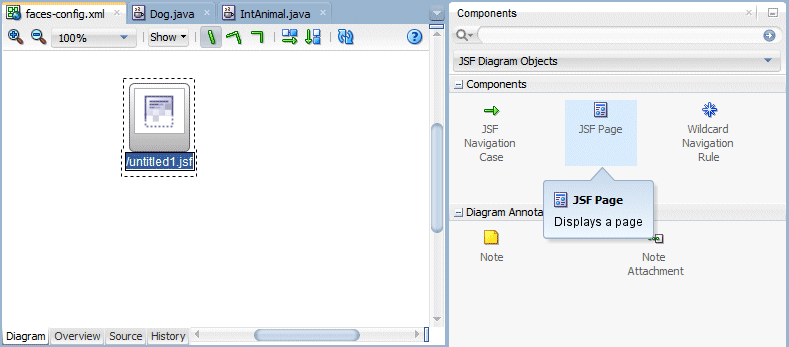 前の図のコンポーネント・パレットでJSF Pageを選択、選択したコンポーネントをダイアグラムにドロップできる状態。