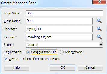 Configuration Fileラジオ・ボタンを選択したCreate Managed Beanダイアログ。