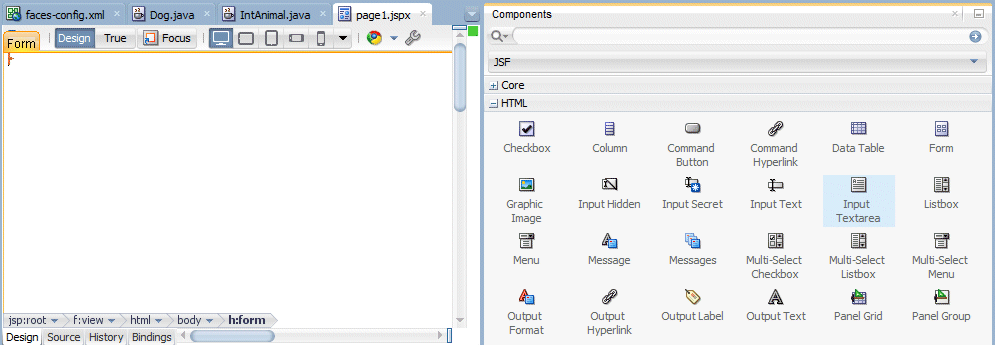 右側にコンポーネント・パレットの表示されたpage1.jspxタブ：Input Textコンポーネントの選択とページへのコンポーネントのドラッグ。