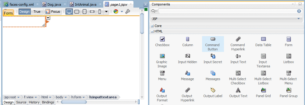 page1.jspxタブとInput Textコンポーネント。 Command Buttonコンポーネントを選択したコンポーネント・パレットと、このコンポーネントをページ上にドラッグしているカーソル。