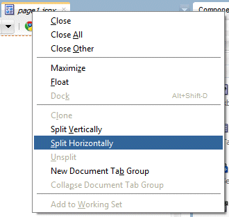 コンテキスト・メニューを表示したpage1.jspxの設計エディタ：Split Documentメニュー項目の選択。