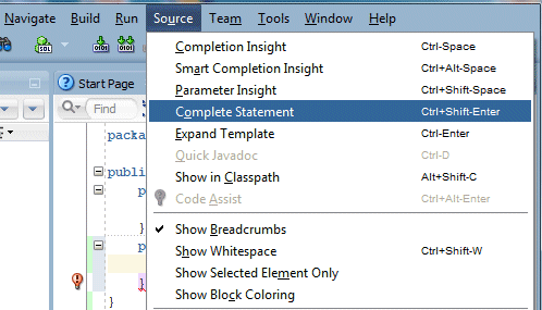 トップ・メニュー・バーのSourceメニューで、「Complete Statement」メニュー・オプションを選択。