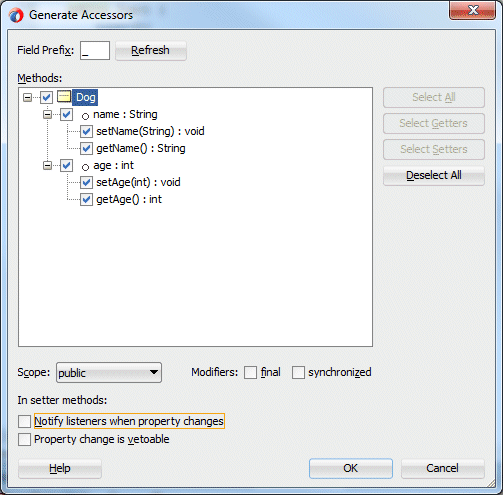 Generate Accessorsダイアログ・ボックス：2つの変数に対してGetterおよびSetterを生成するチェック・ボックスの選択。