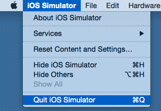 Quit iOS Simulatorメニュー・オプション