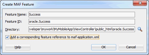適切な値のCreate MAF Featureペインが表示されたmaf-feature.xml