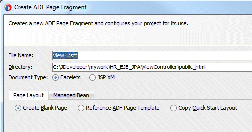 Create ADF Page Fragmentダイアログ