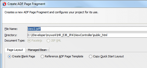 Create ADF Page Fragmentダイアログ
