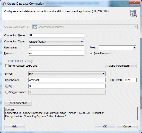 Create Database Connectionダイアログ