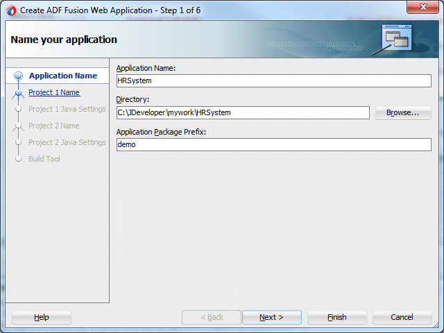 Create ADF Fusion Web Applicationウィザードのページ1で、NameフィールドにHRSystemと入力