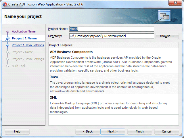 ウィザードのStep 2、NameフィールドのModelを選択、Nextボタンにカーソルを置く