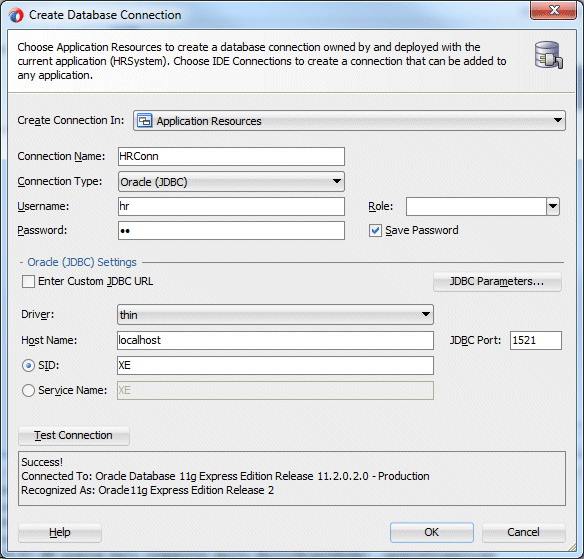 Create Database Connectionダイアログの値を入力、Test ConnectionボックスにSuccess!と表示